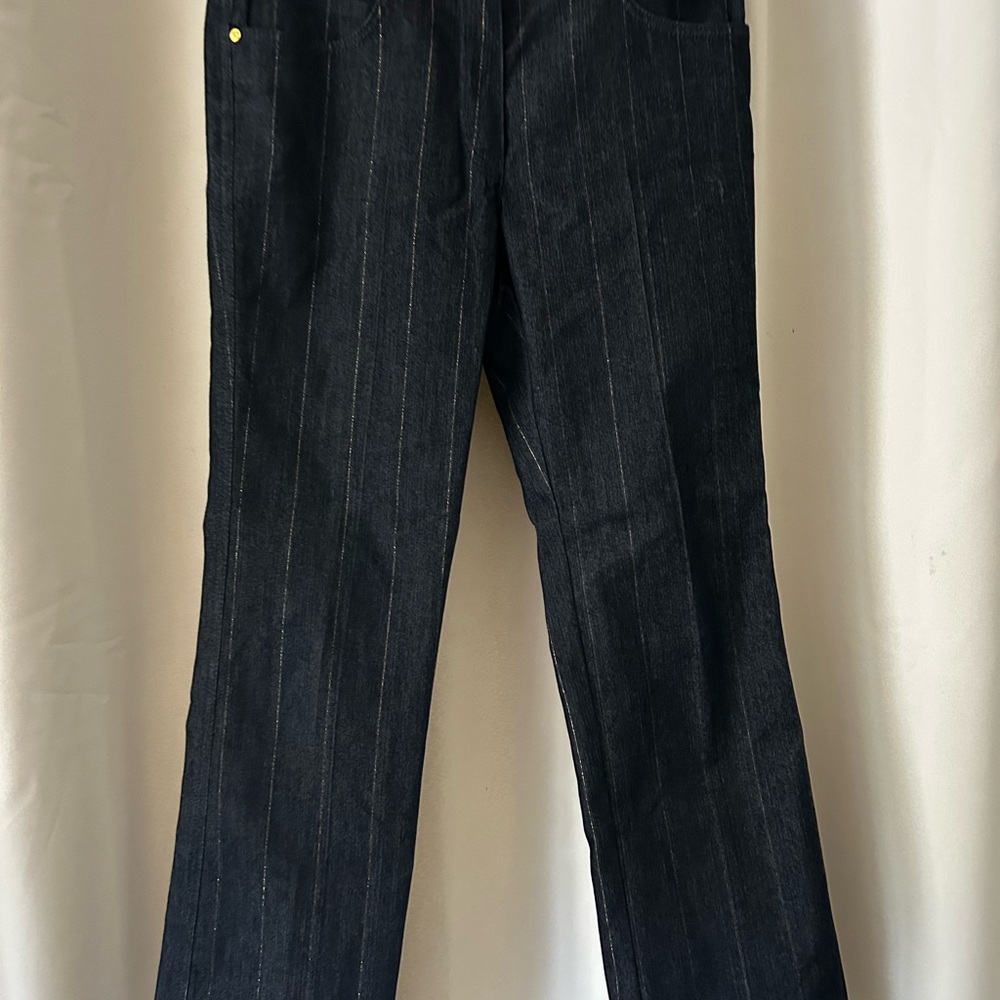 ESCADA dark wash denim w/gold Pinstripe Pants: size 36( US 26)